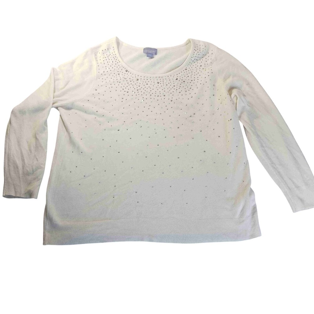Laura Scott Rhinestone Embellished Sweater‎ Women's 2X White Knit Top Dress